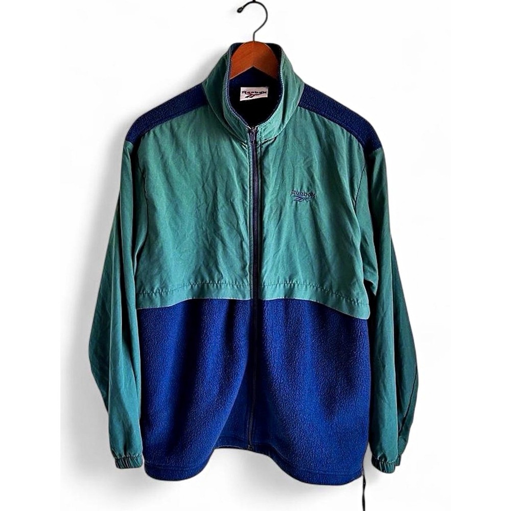 Vintage 90s Reebok Vector Fleece Jacket Mens L Teal Blue Colorblock Full Zip
